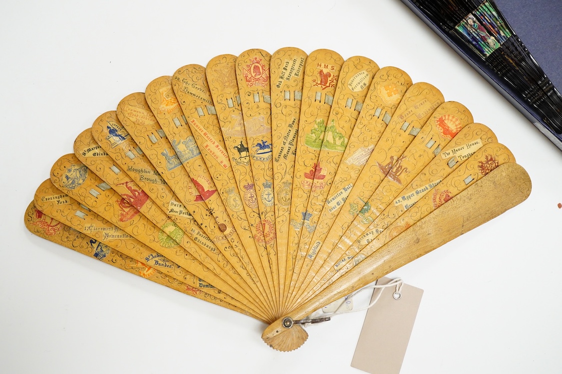 An unusual 19th century Chinese export gilt-decorated tortoiseshell and painted leaf fan, two English fans decorated with paper printed paper crests and a single sided Canton fan leaf lacking sticks, largest 23cm in leng